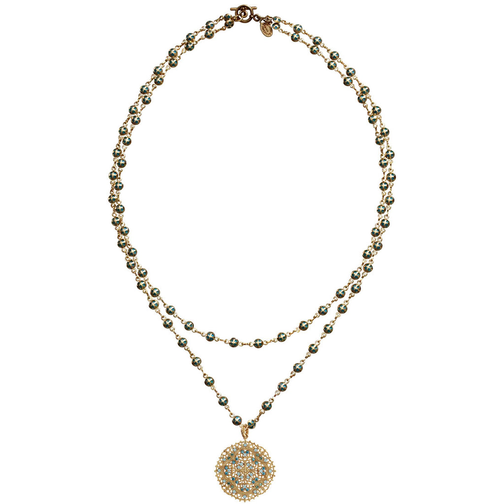 Catherine Popesco Filigree Crystal Medallion Pendant Necklace - Sand Opal