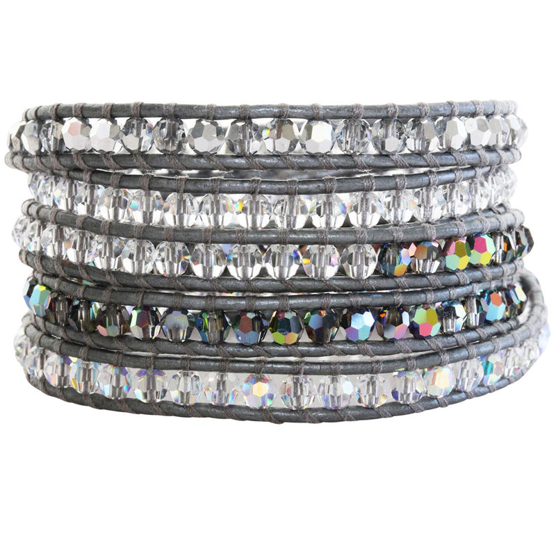 Chan Luu Swarovski Crystal Mix on Grey Leather Wrap Bracelet BS