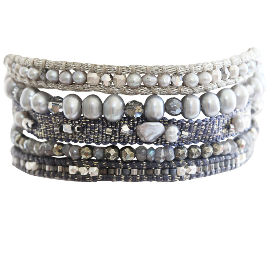 Chan Luu Grey Mix Multi Strand Pearls and Swarovski Crystals Pull