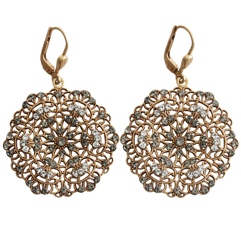 Catherine Popesco Medium Lacy Pink and Pearl Medallion Gold Earrings