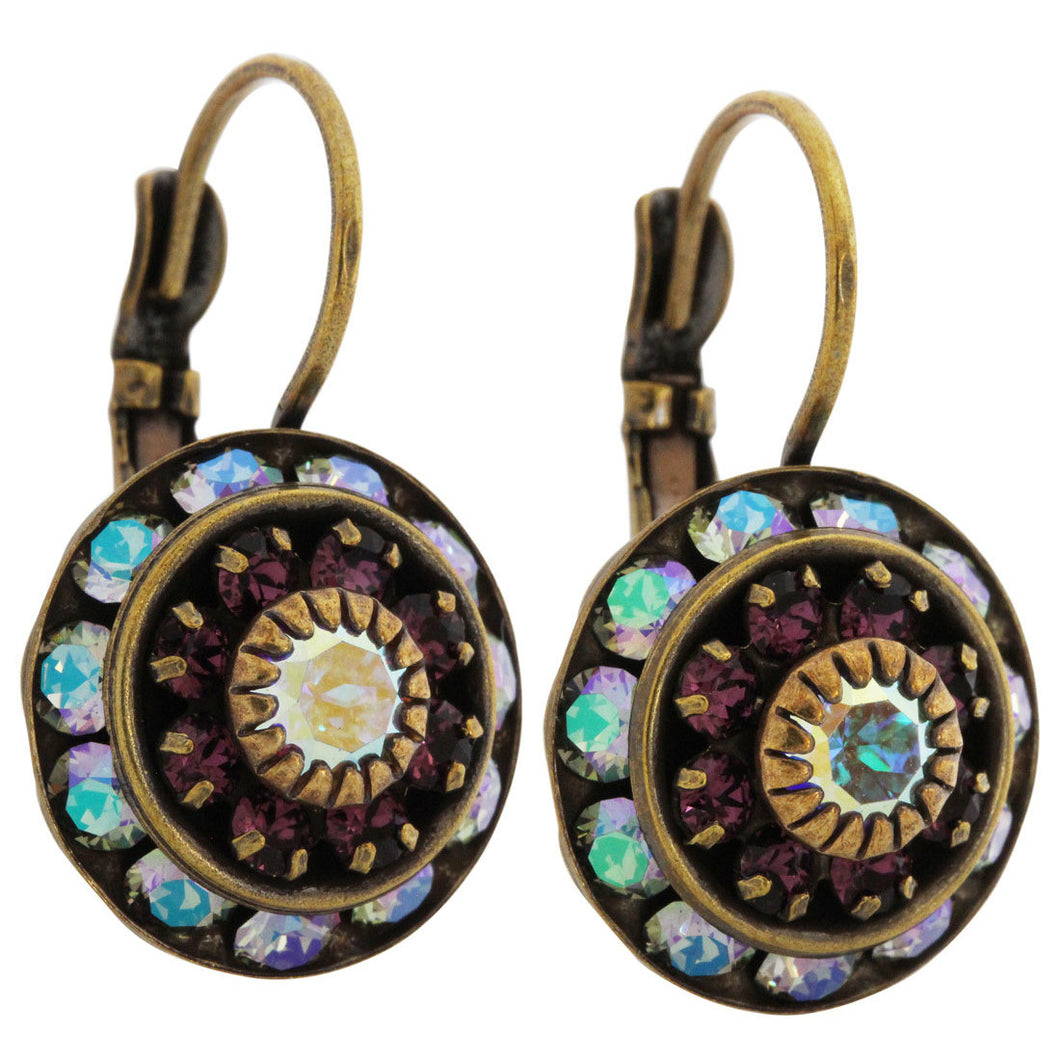 Liz Palacios Antiqued Brass Large Rondelle Blossom Swarovski Crystal Earrings, BDE-6 Antique Purple